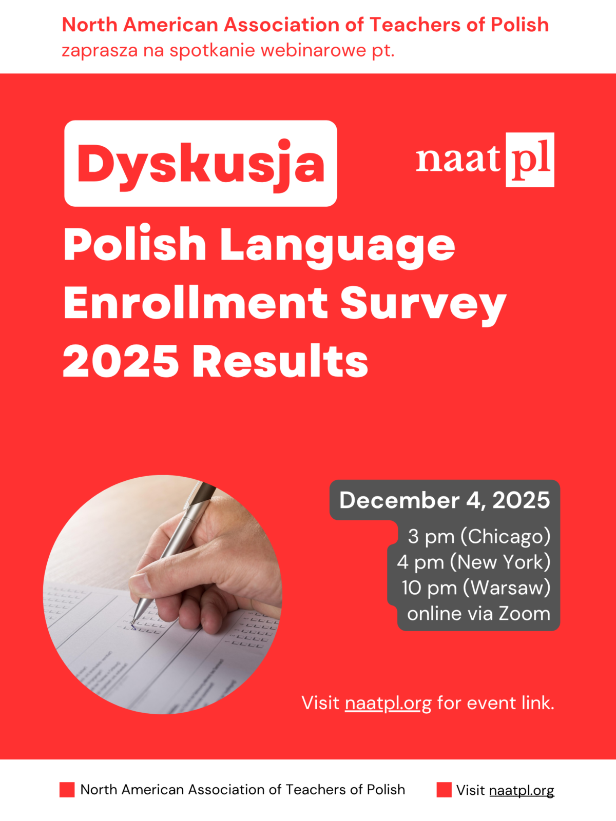 Dyskusja: Polish Language Enrollment Survey 2025 Results webinar on Thursday, December 4, 2025 by the North American Association of Teachers of Polish (NAATPl)