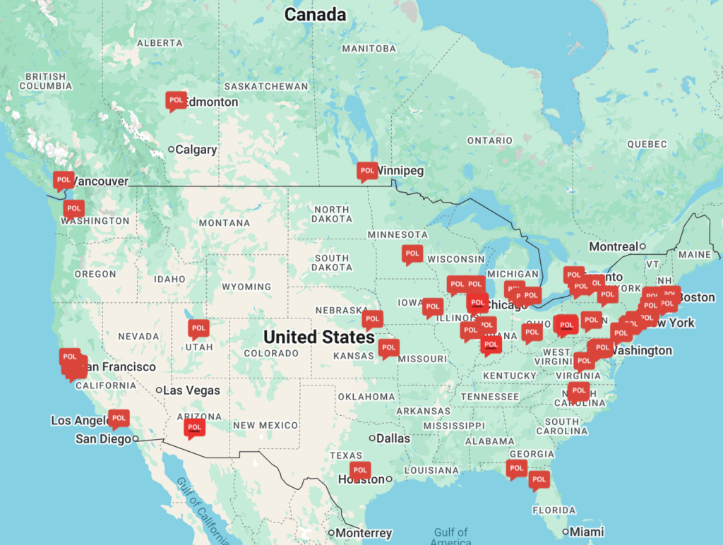 Polish courses in North America map, 2024