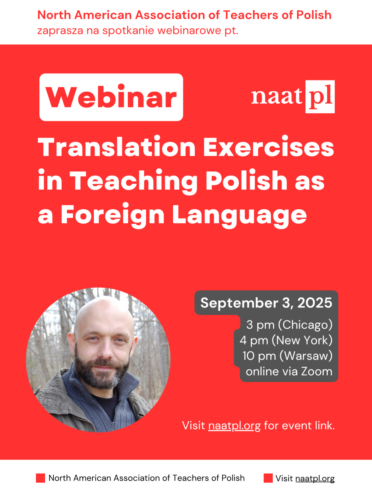 Translation Exercises in Teaching Polish as a Foreign Language webinar on Thursday, September 3, 2026 by the North American Association of Teachers of Polish (NAATPl)